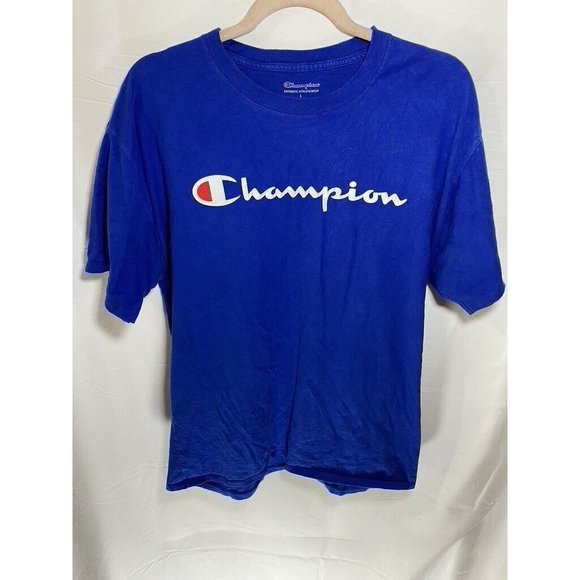 Champion Shirt Adult Large‎ Blue Spell Out Logo Pullover Tee Mens - Picture 1 of 9